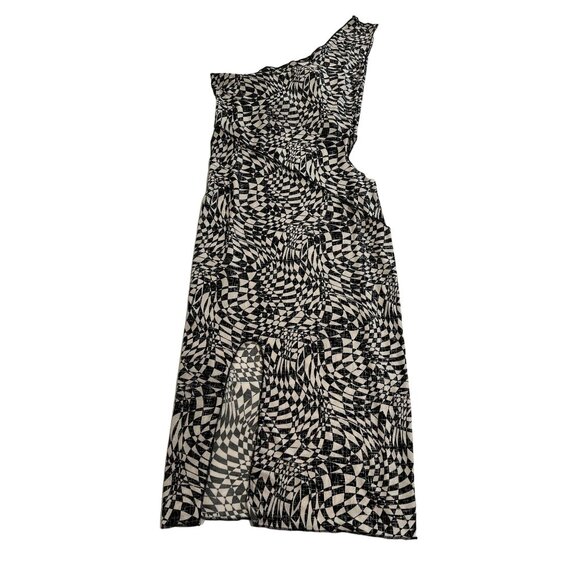 The Rubedo Forms One Shoulder Geometric Checker Dress in Black Cream - Picture 1 of 6